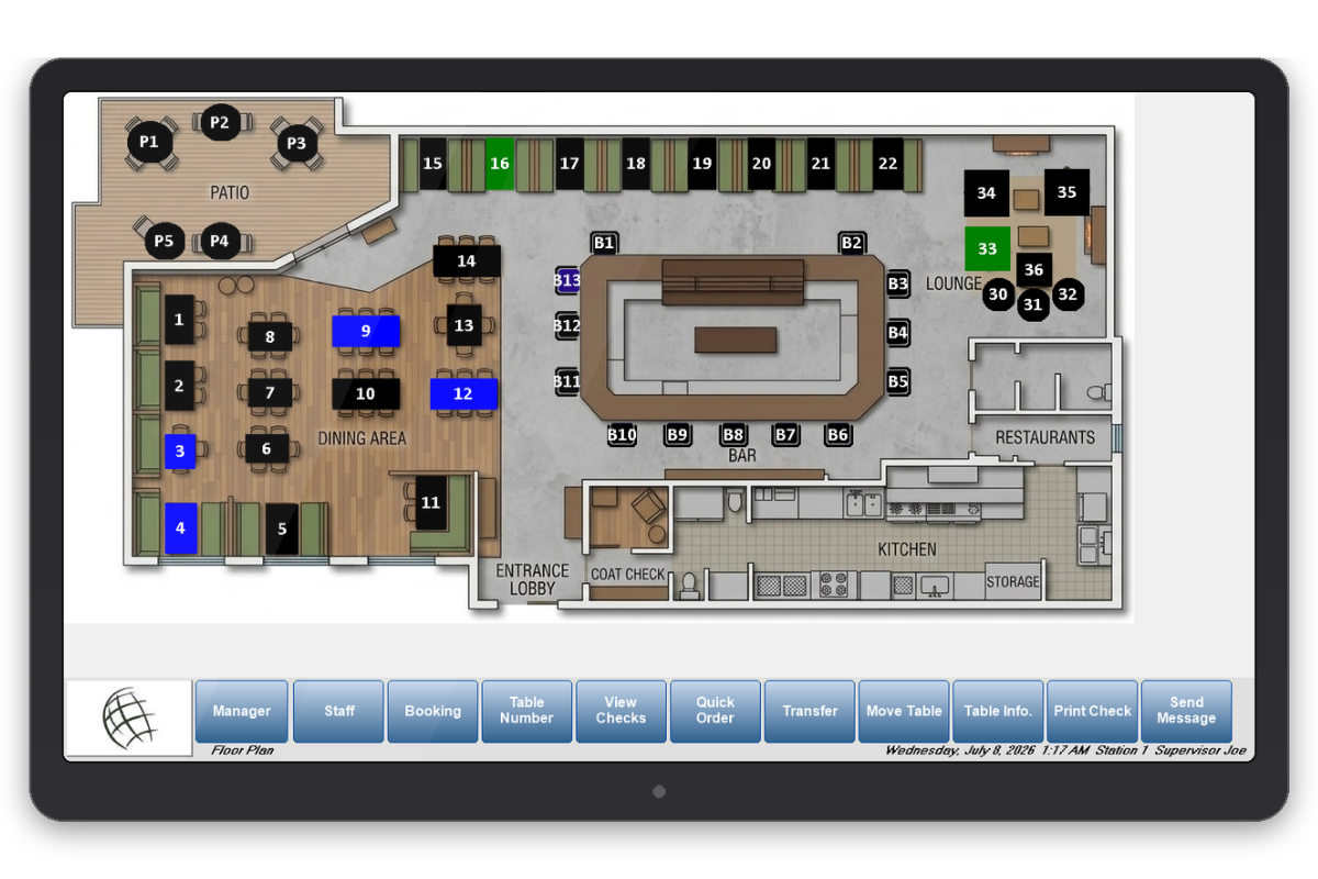 UniversalPOS table floor plan on tablet